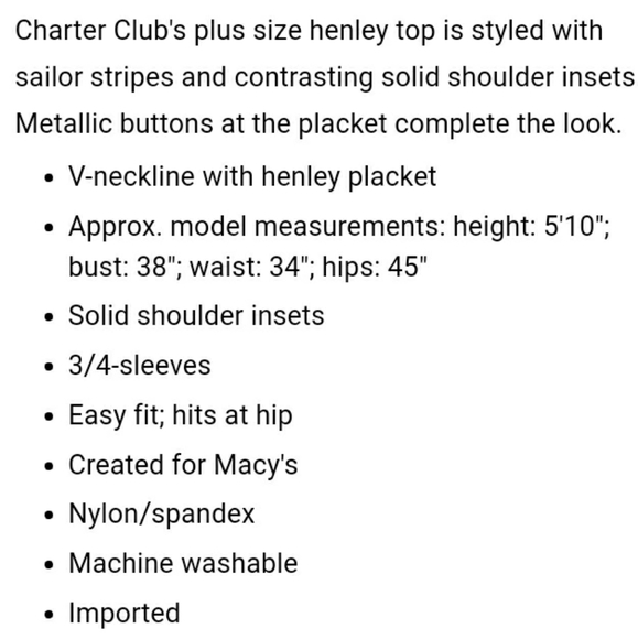 NWT ☆Plus Size ☆Charter Club ☆Stripe Henley 3/4 Sleeve 0X Top☆$69.99 retail - Picture 2 of 14